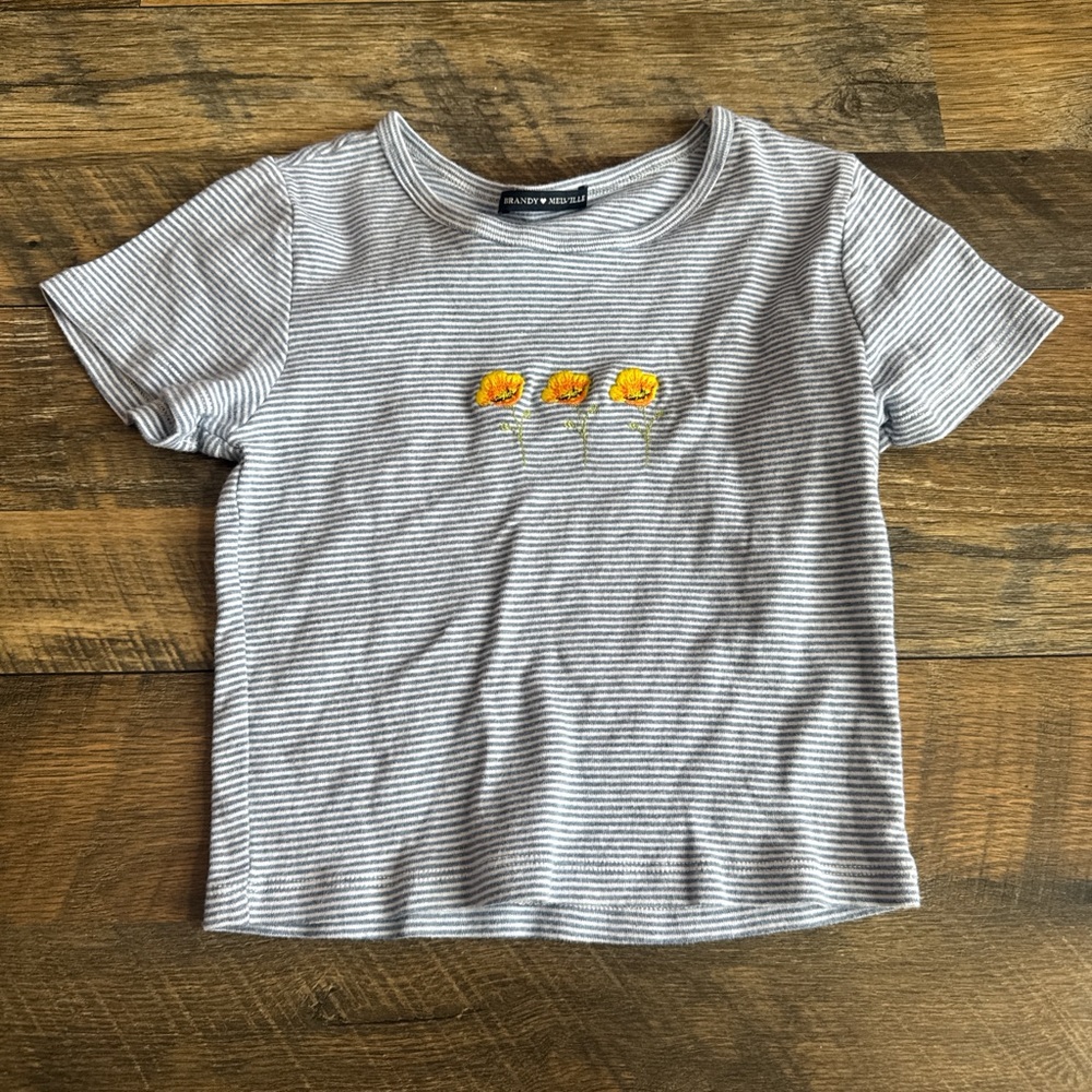 Brandy Melville | OS Gray Striped Tee with Yellow Floral Accents
